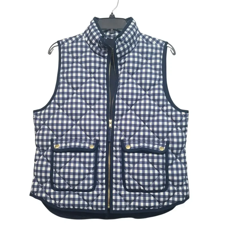 J.Crew Navy & White Gingham Check Excursion Down Quilted Vest Size PL